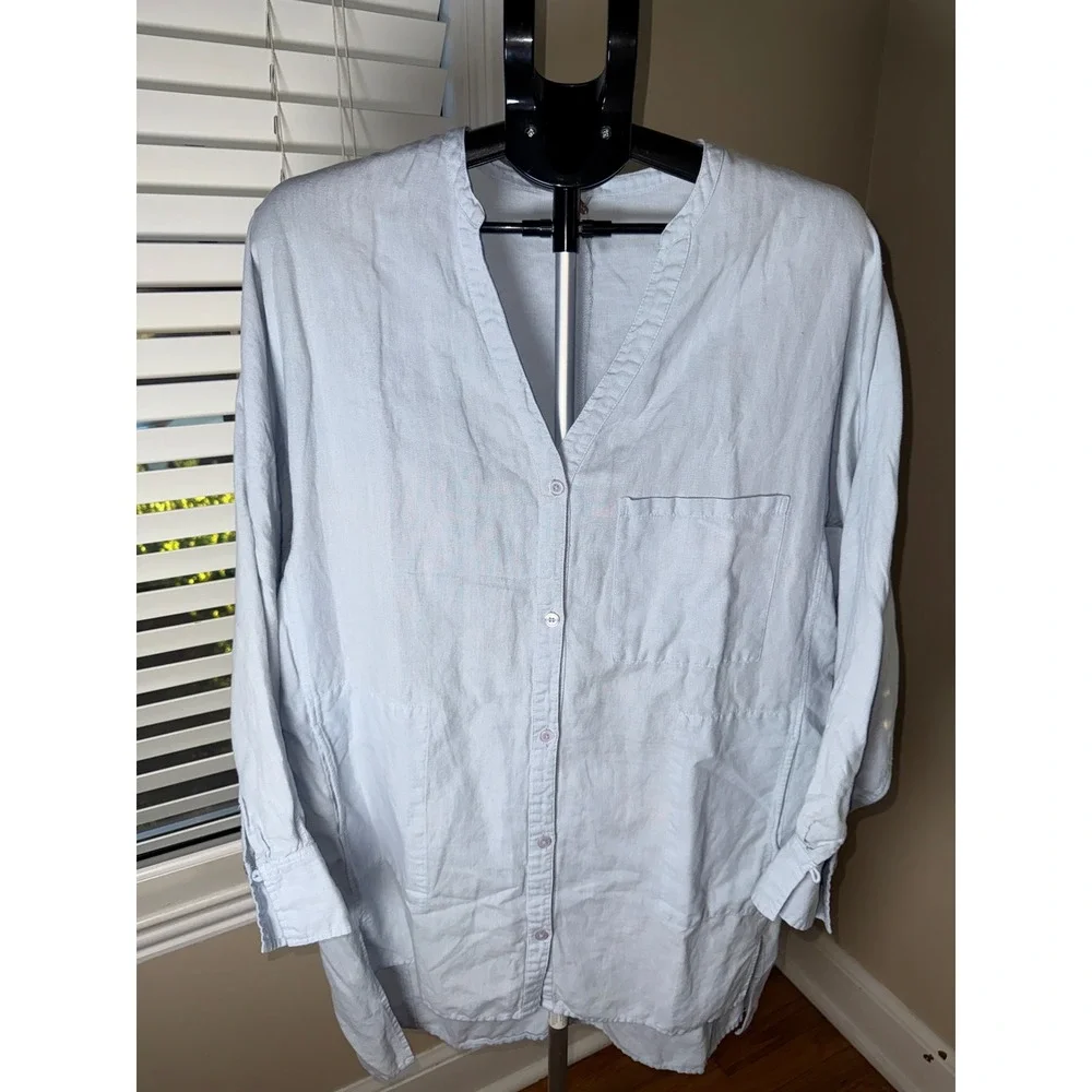 Free People Light Blue Linen Blend Button Down Tunic Shirt Oversized Womens L